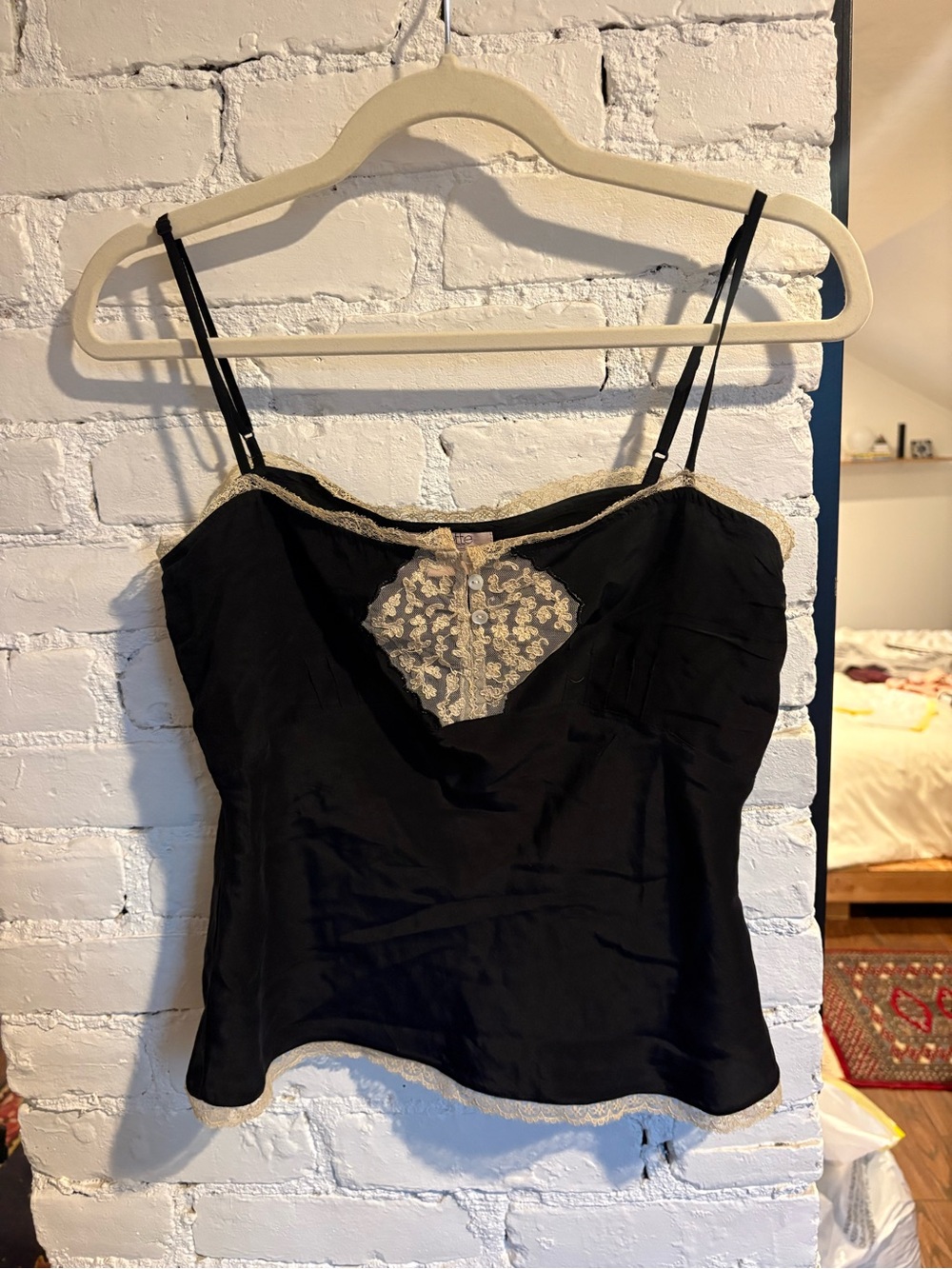 Fleurette Silky Black Lace-Trim Camisole Top M
